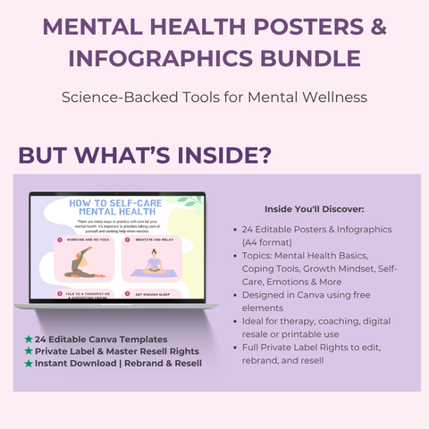 Mental Health Poster & Infographic Bundle 24 Vibrant, Ready-to-Use Designs for Healing & Growth | Includes Private Label Rights (PLR)