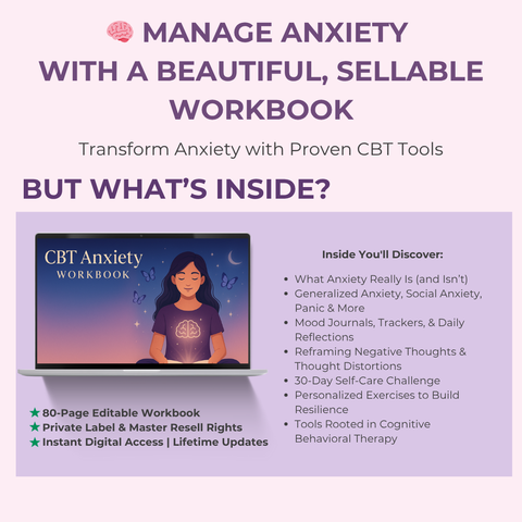 CBT Anxiety Workbook PLR 🧠 | 80-Page Editable Workbook for Anxiety Coping Skills | Private Label Rights (PLR) Included