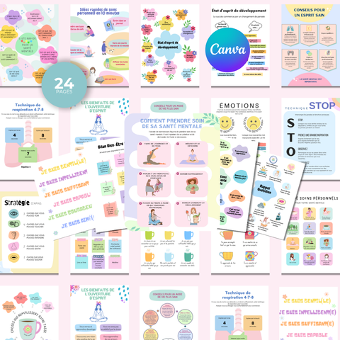 Bundle d'Affiches & Infographies sur la Santé Mentale | 24 Designs Vibrants et Prêts à l'Emploi pour la Guérison & la Croissance | Inclut les Droits de Label Privé (PLR)