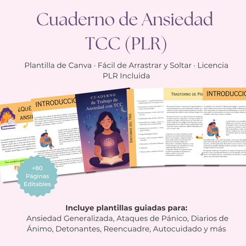 Cuaderno de Trabajo TCC para la Ansiedad | Una Guía Editable de más de 80 Páginas para la Calma y la Claridad | Incluye Derechos de Etiqueta Privada (PLR)