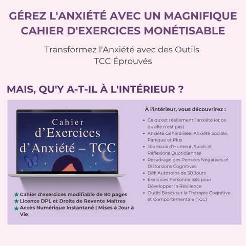 Cahier d'Exercices TCC pour l'Anxiété | Un Guide Modifiable de plus de 80 Pages pour le Calme & la Clarté | Inclut les Droits de Label Privé (PLR)