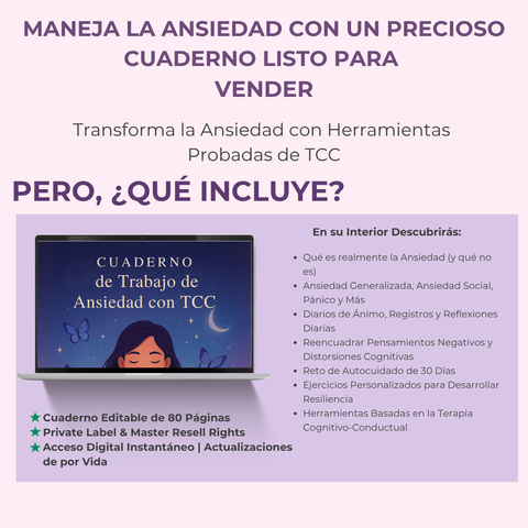 Cuaderno de Trabajo TCC para la Ansiedad | Una Guía Editable de más de 80 Páginas para la Calma y la Claridad | Incluye Derechos de Etiqueta Privada (PLR)