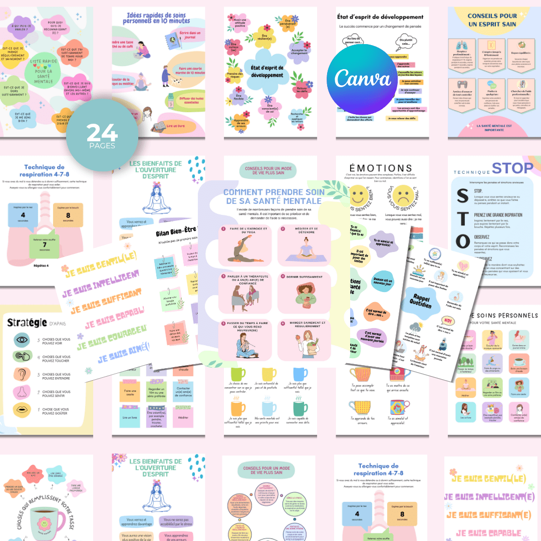 Bundle d'Affiches & Infographies sur la Santé Mentale | 24 Designs Vibrants et Prêts à l'Emploi pour la Guérison & la Croissance | Inclut les Droits de Label Privé (PLR) - RCC