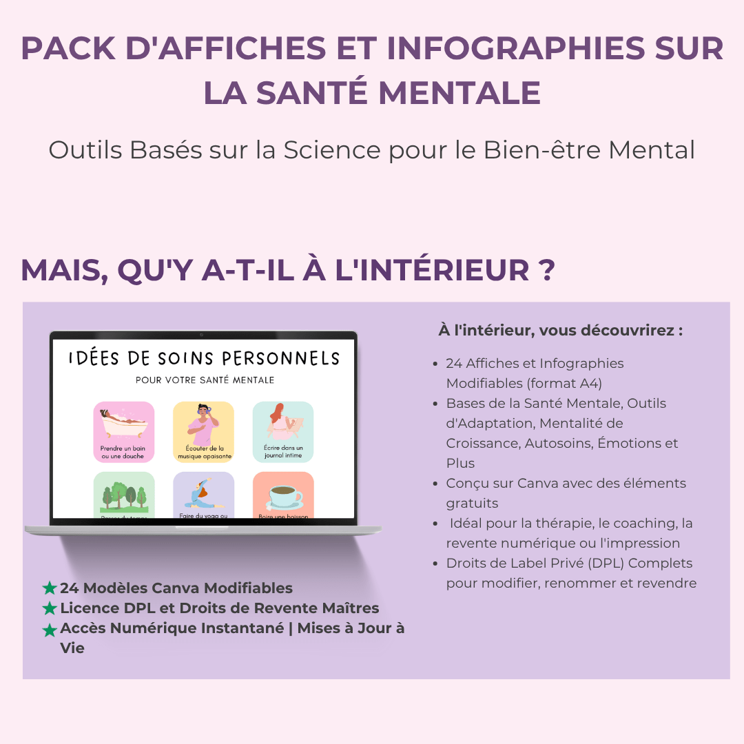 Bundle d'Affiches & Infographies sur la Santé Mentale | 24 Designs Vibrants et Prêts à l'Emploi pour la Guérison & la Croissance | Inclut les Droits de Label Privé (PLR) - RCC