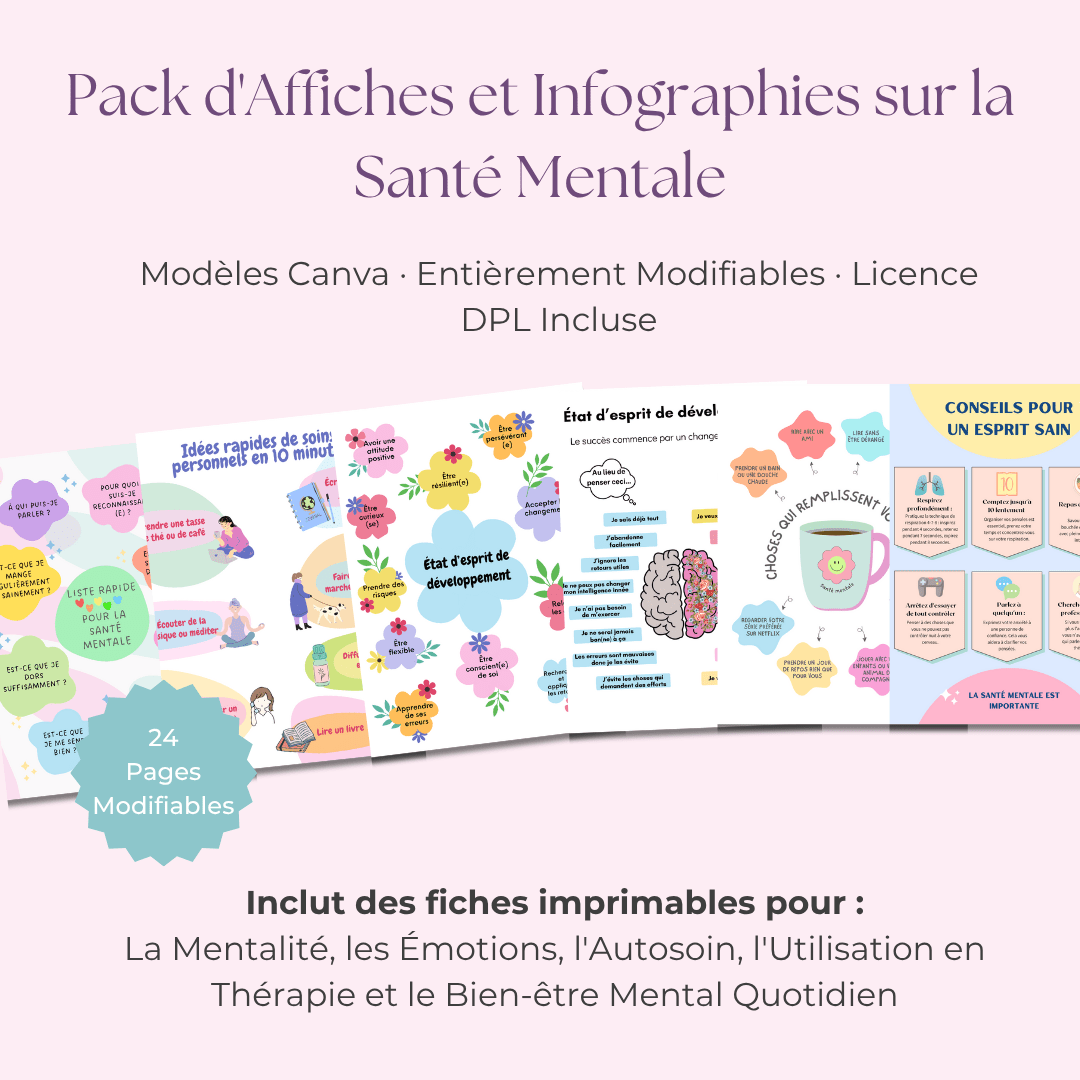 Bundle d'Affiches & Infographies sur la Santé Mentale | 24 Designs Vibrants et Prêts à l'Emploi pour la Guérison & la Croissance | Inclut les Droits de Label Privé (PLR) - RCC