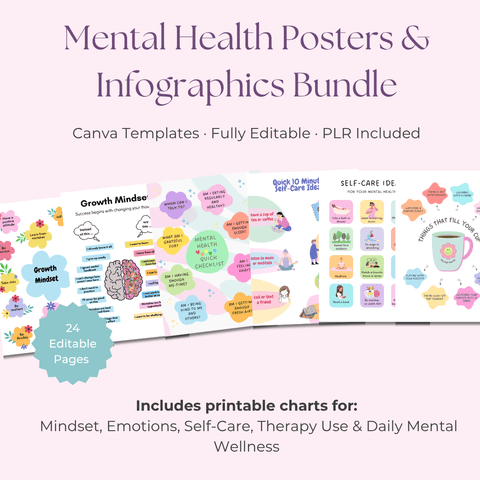 Mental Health Poster & Infographic Bundle 24 Vibrant, Ready - to - Use Designs for Healing & Growth | Includes Private Label Rights (PLR) - RCC
