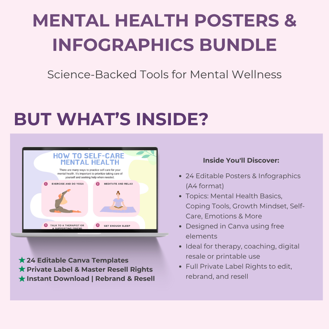 Mental Health Poster & Infographic Bundle 24 Vibrant, Ready - to - Use Designs for Healing & Growth | Includes Private Label Rights (PLR) - RCC