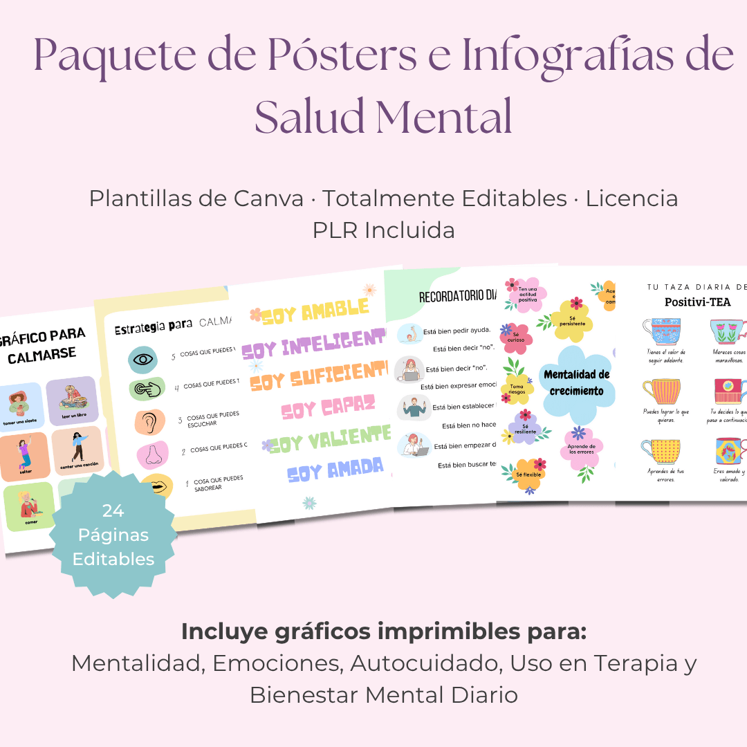 Paquete de Pósters e Infografías de Salud Mental | 24 Diseños Vibrantes y Listos para Usar para la Sanación y el Crecimiento | Incluye Derechos de Etiqueta Privada (PLR) - RCC