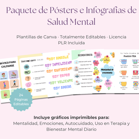 Paquete de Pósters e Infografías de Salud Mental | 24 Diseños Vibrantes y Listos para Usar para la Sanación y el Crecimiento | Incluye Derechos de Etiqueta Privada (PLR) - RCC