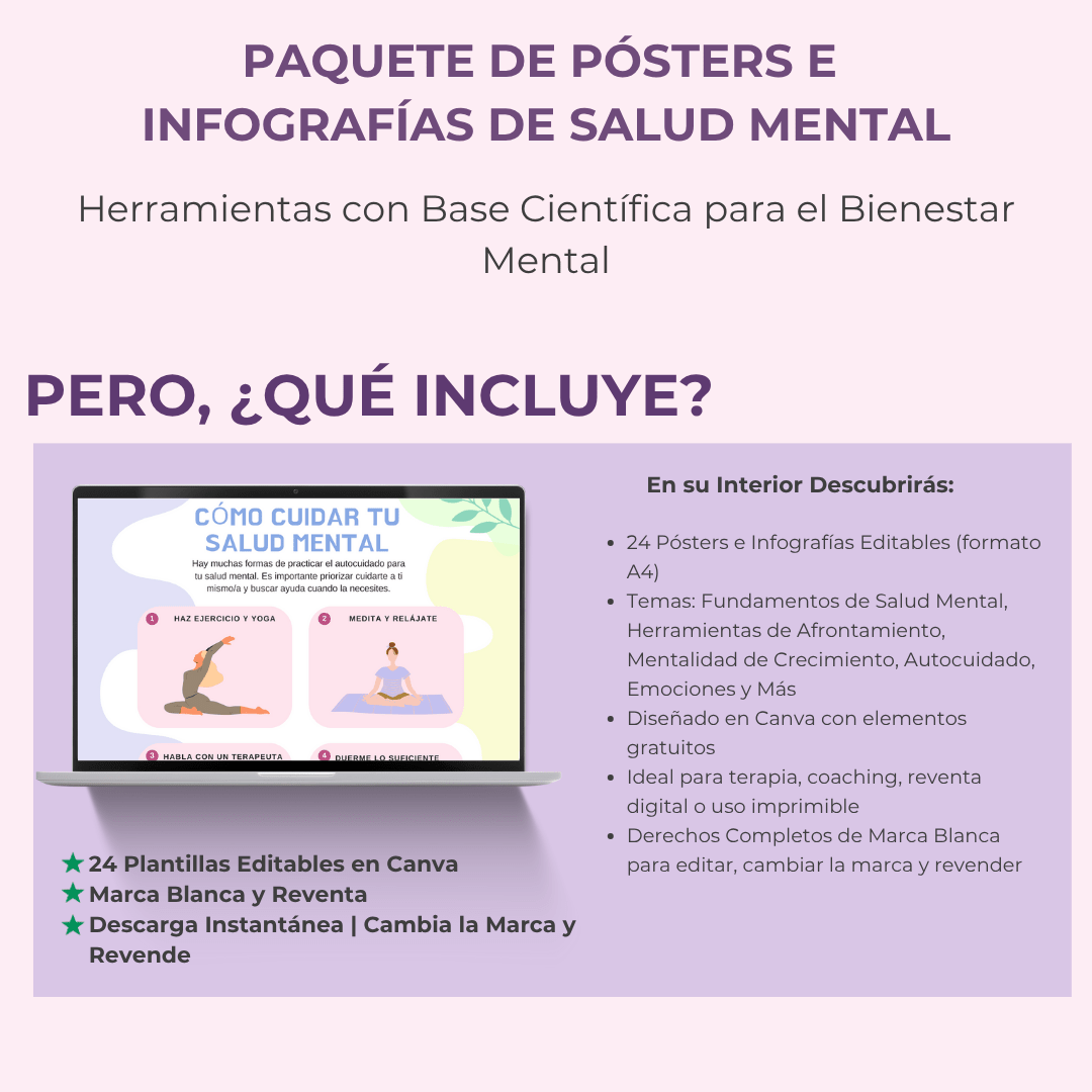 Paquete de Pósters e Infografías de Salud Mental | 24 Diseños Vibrantes y Listos para Usar para la Sanación y el Crecimiento | Incluye Derechos de Etiqueta Privada (PLR) - RCC