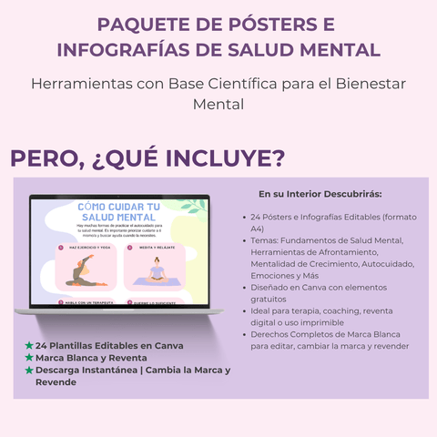 Paquete de Pósters e Infografías de Salud Mental | 24 Diseños Vibrantes y Listos para Usar para la Sanación y el Crecimiento | Incluye Derechos de Etiqueta Privada (PLR) - RCC