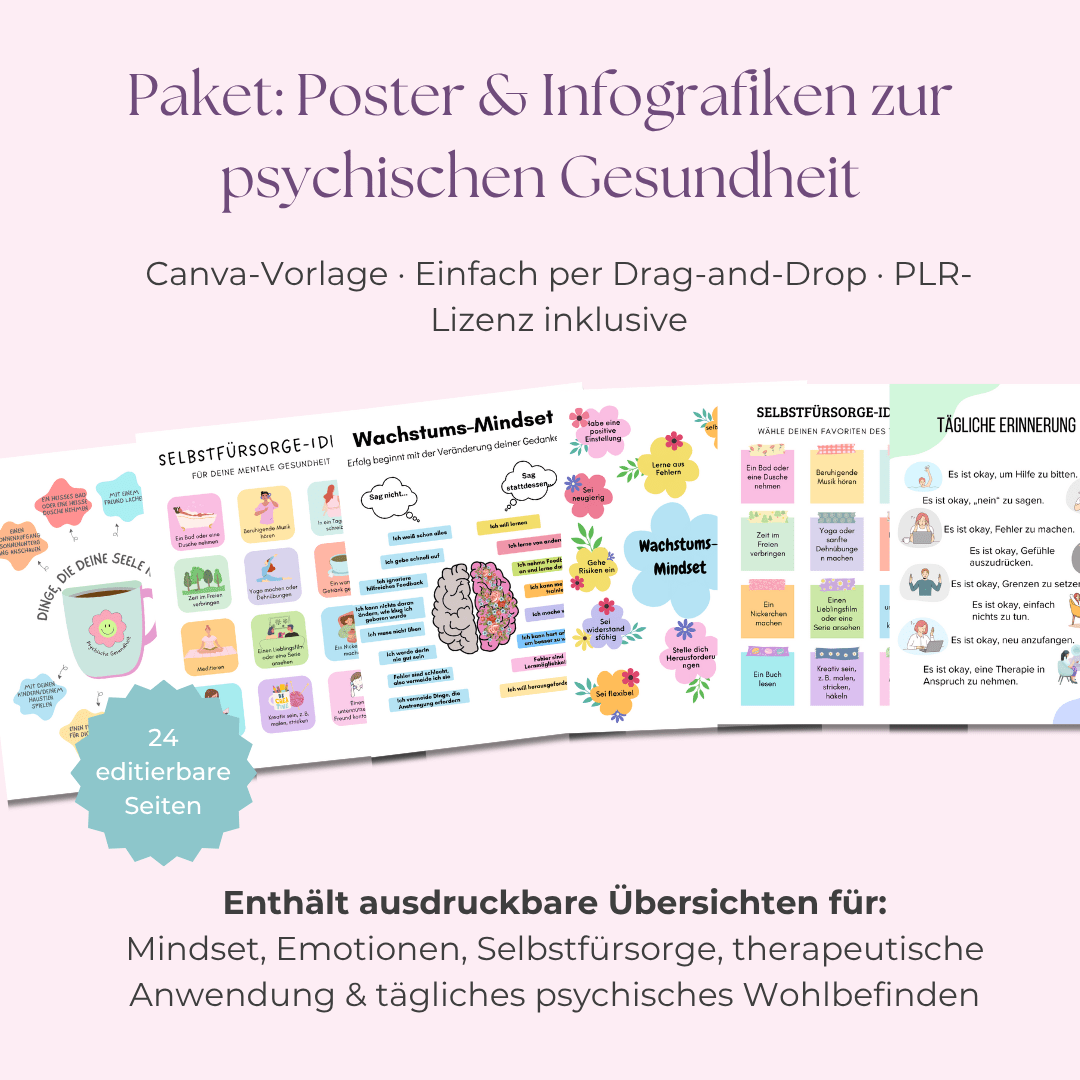 Poster & Infografik Bundle: Mentale Gesundheit | 24 Lebendige, Sofort Einsatzbereite Designs für Heilung & Wachstum | Inklusive Private Label Rights (PLR) - RCC